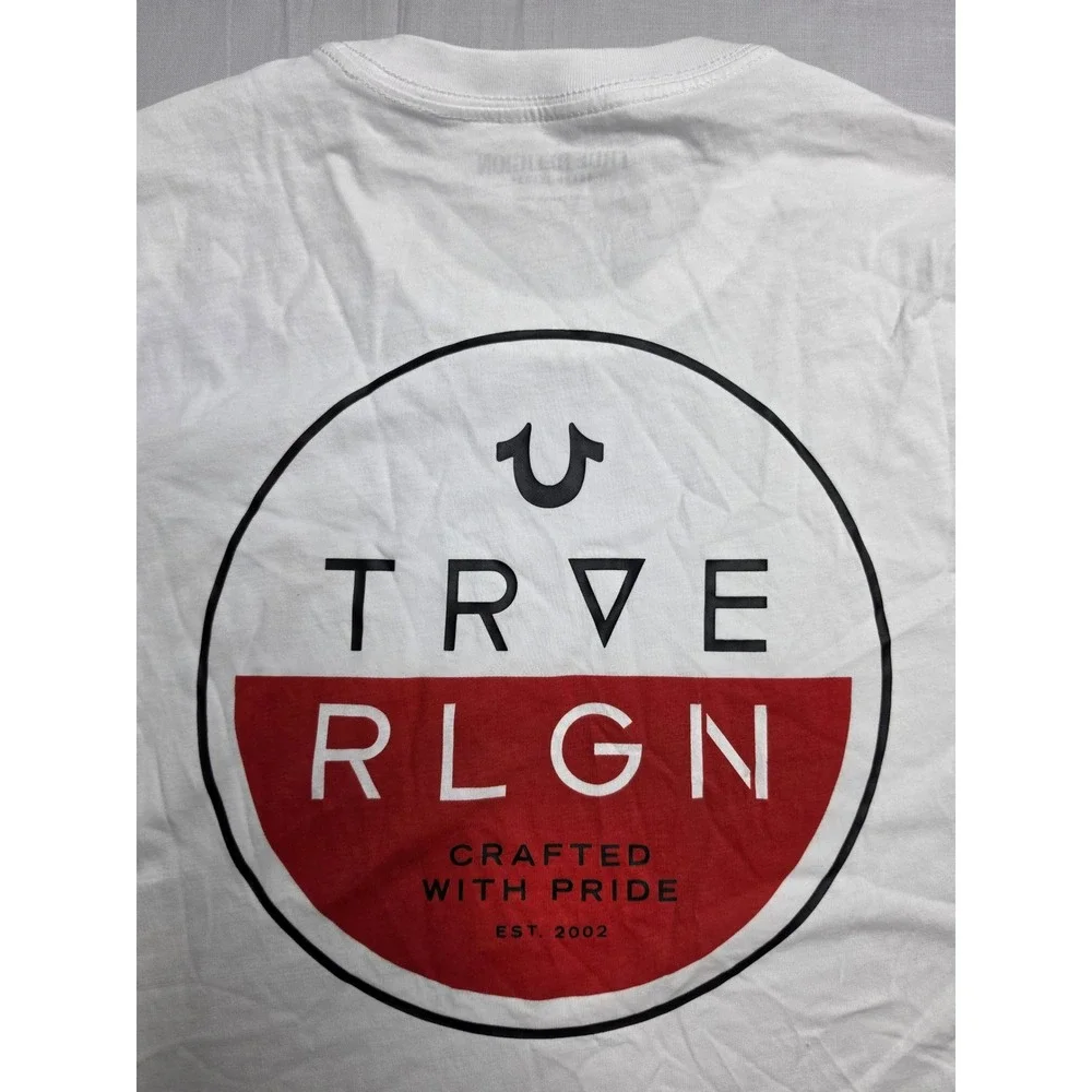 True Religion T-Shirt Men Small White Logo 100% Cotton Crew Neck Long Sleeve NWT
